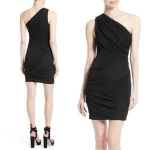 Alice + Olivia black one shoulder goddess ruched silk mini dress size small